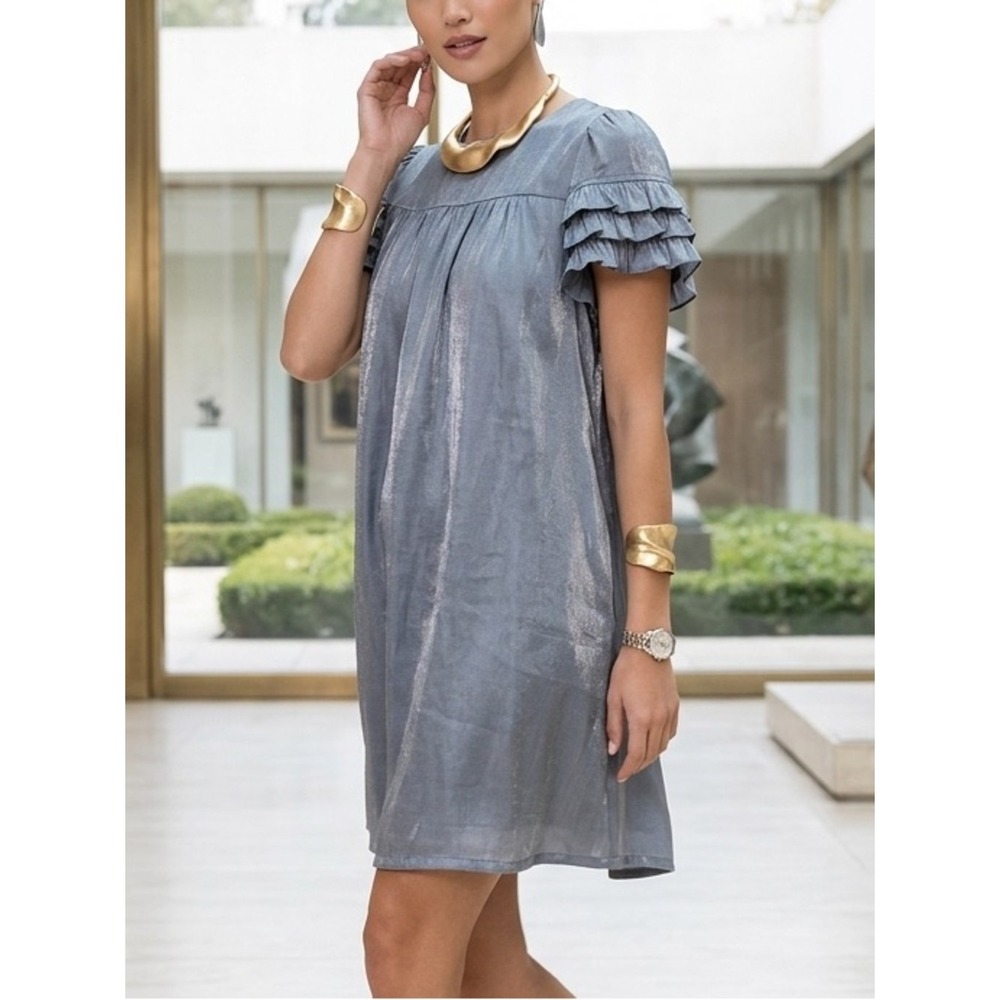 PINCH Slate Blue Shimmer Ruffle Sleeve Shift Dress Medium